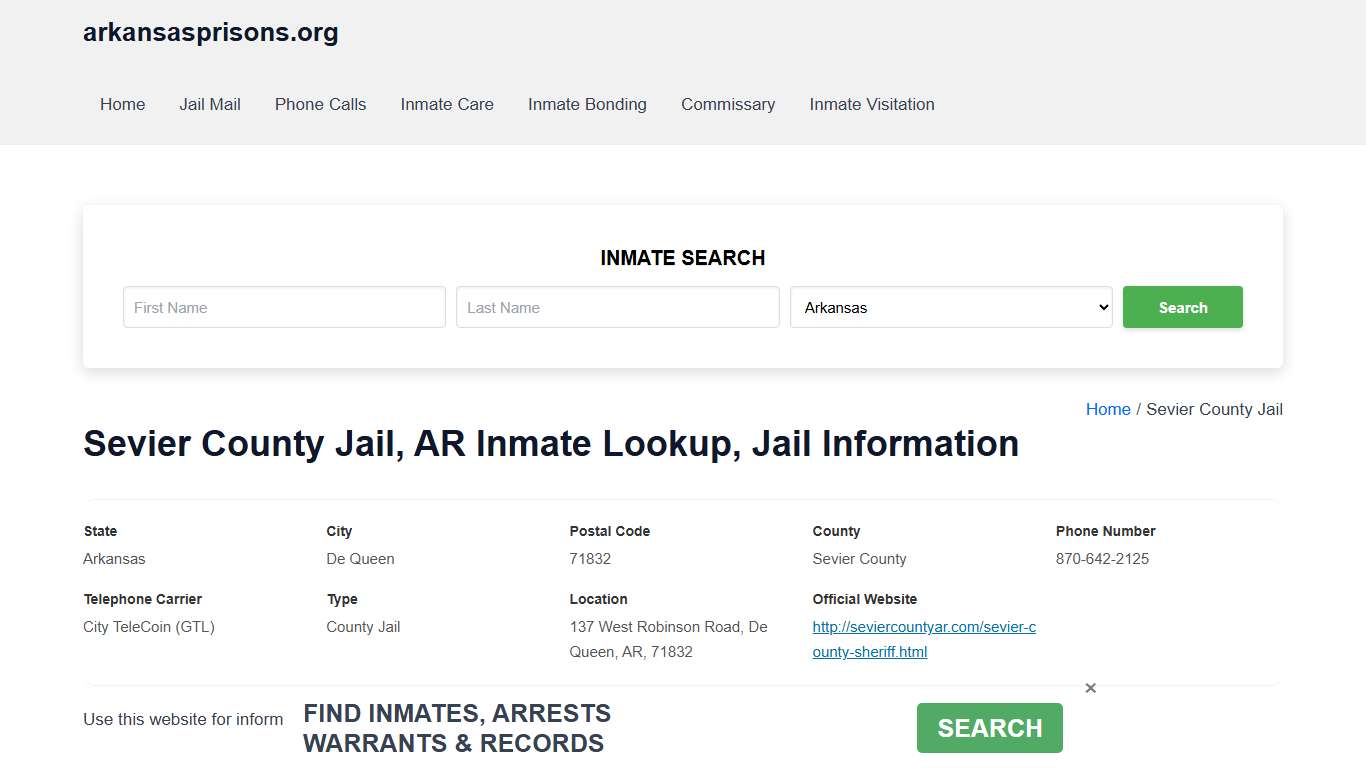 Sevier County Jail, AR - Offender Locator, Contacts, Inmate Info