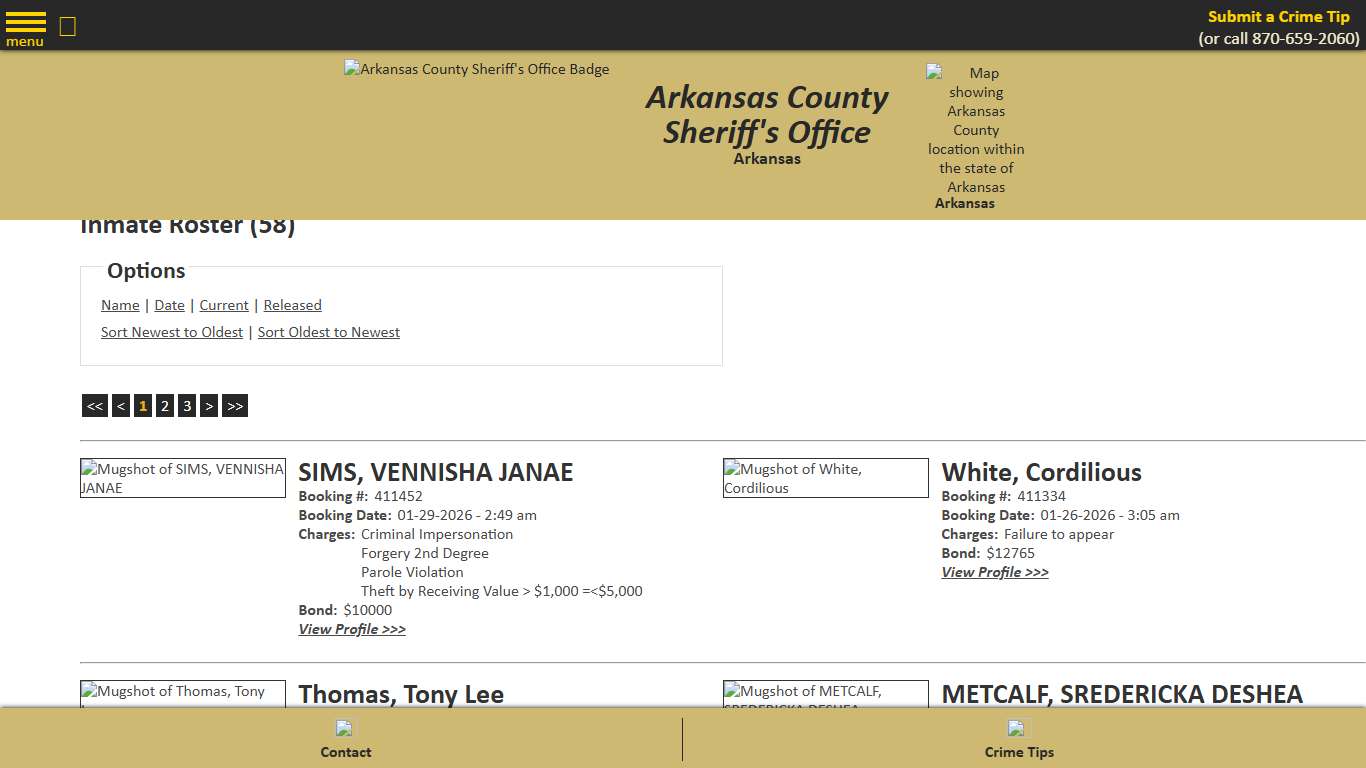 Inmate Roster - Current Inmates Booking Date Descending - Arkansas County Sheriff's Office, Arkansas